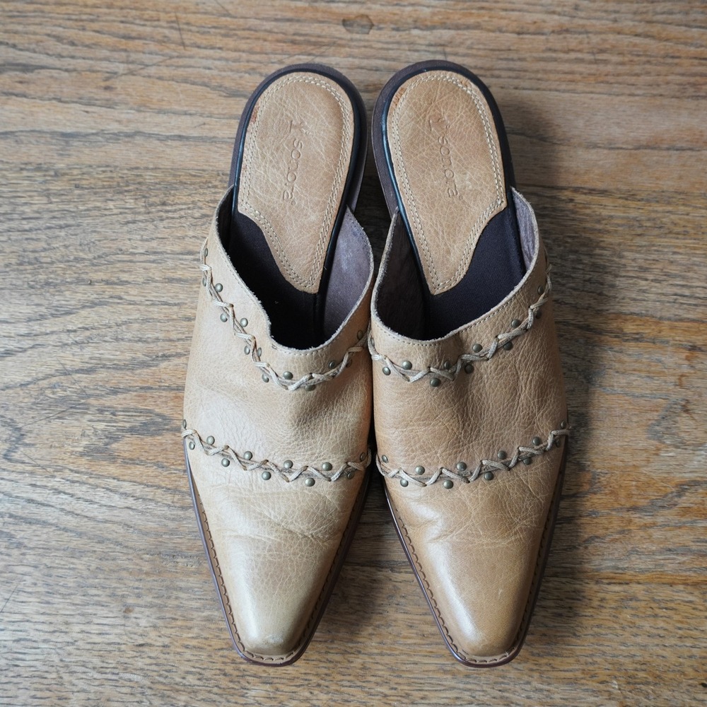 Sonora Double-H Size 8 Clogs Tan Leather Western Mules Whipstitch Studded - Picture 3 of 8